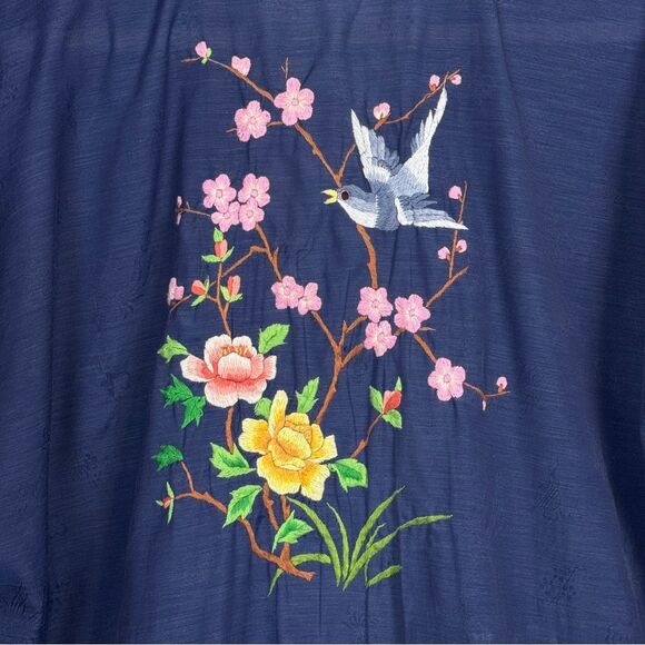 Vintage Chinese Blue Kimono Robe Floral Bird Embroidery 70s - Picture 4 of 9
